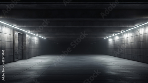 Dark Concrete Led White Lights Underground Tunnel