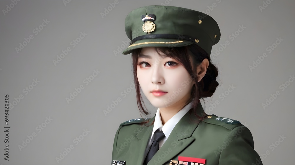 Cute Asian Girl In Military Suit Background Cute Asian Girl In Military Suit Background