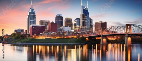 nashville skyline illuminated at dusk with vibrant city lights and iconic landmarks in tennessee, usa