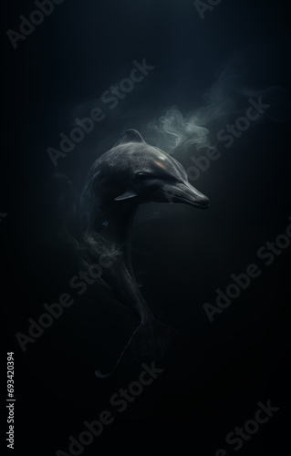 Fantasy swimming dolphin - dolphin deity - dolphin god - dark background - misty, foggy, smokey - Mysterious portrait of a dolphin - Cinematic movie poster style