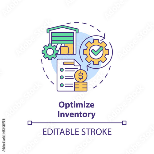 2D editable multicolor optimize inventory icon, simple isolated vector, thin line illustration representing cash flow management.