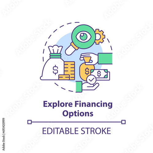 2D editable multicolor explore financing options icon, simple isolated vector, thin line illustration representing cash flow management.