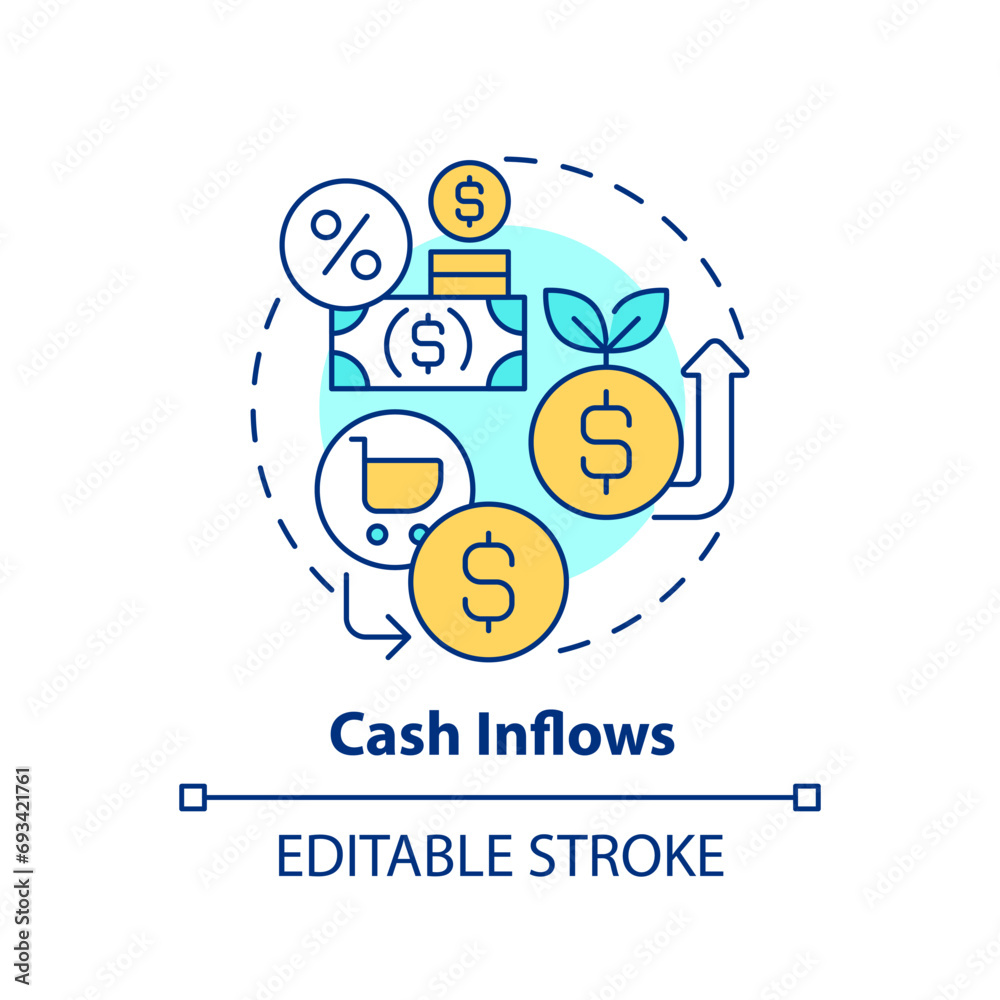 2D editable multicolor cash inflows icon, simple isolated vector, thin line illustration representing cash flow management.