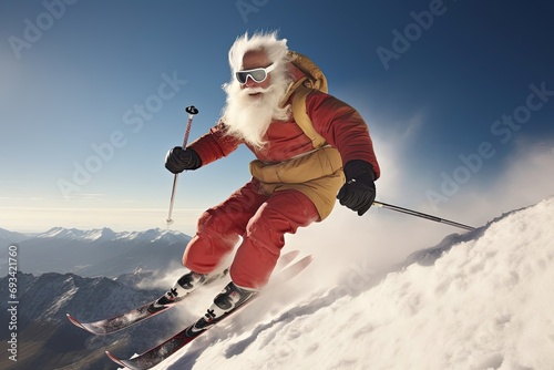 Elderly man skiing on a snowy mountain in winter
