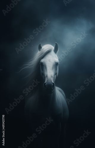 Fantasy white horse - horse deity - horse god - dark background - misty  foggy  smokey - Mysterious portrait of a horse - Cinematic movie poster style