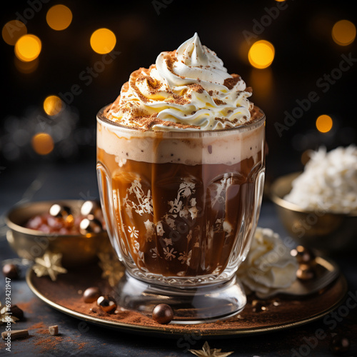 Mug of Irish mocha latte with whipped cream and grated chocolate