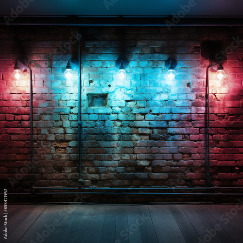 Neon light on brick walls that are not plastered background and texture. Lighting effect red and blue neon background