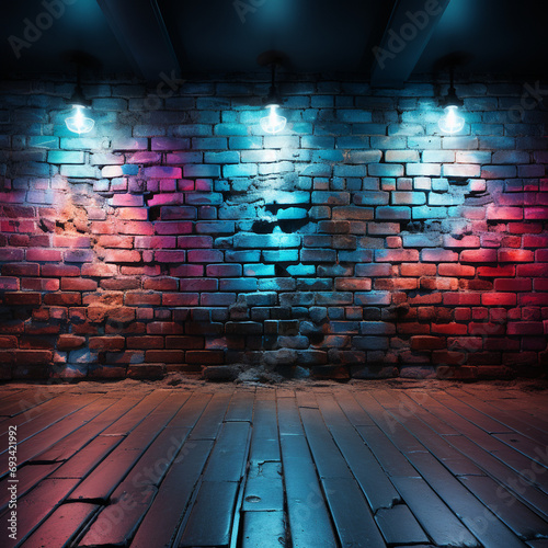 Neon light on brick walls that are not plastered background and texture. Lighting effect red and blue neon background