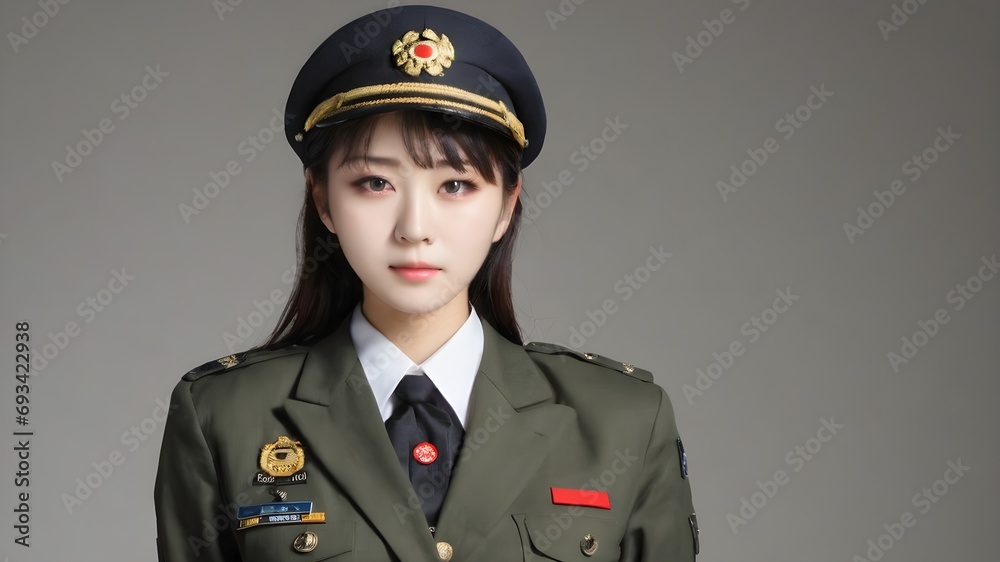 Cute Asian Girl In Military Suit Background Cute Asian Girl In Military Suit Background
