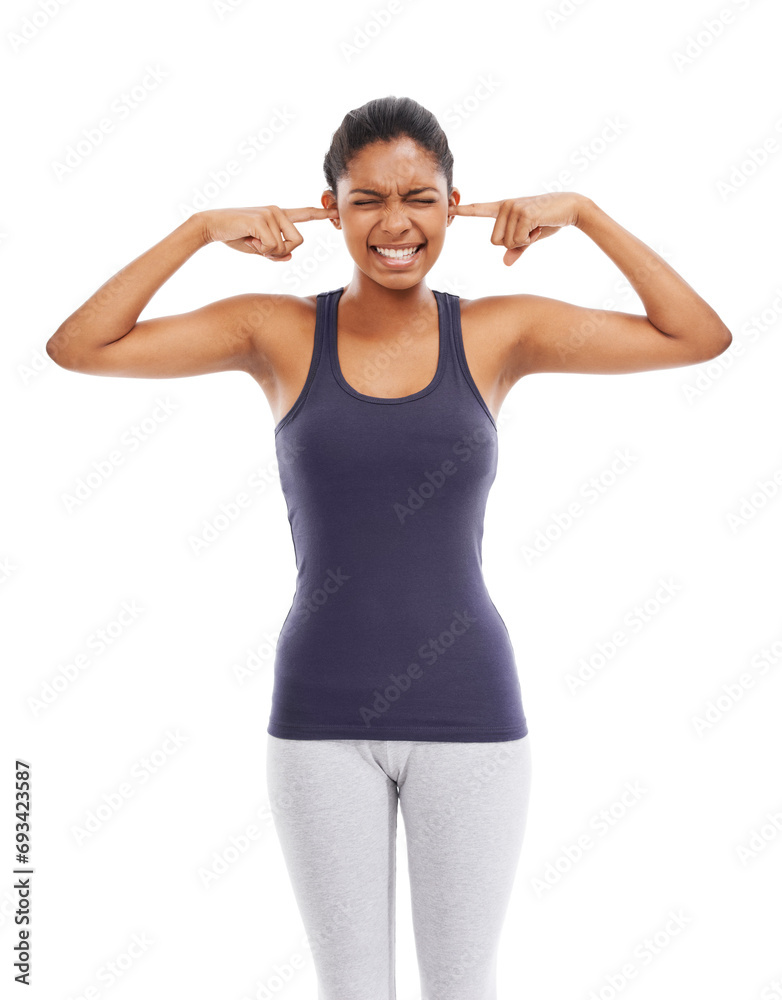 Noise, loud and fingers in ears with an eyes closed woman in studio isolated on a white background. Stress, anxiety or volume with a frustrated young person feeling unhappy or overwhelmed by sound Noise, loud and fingers in ears with an eyes closed woman in studio isolated on a white background. Stress, anxiety or volume with a frustrated young person feeling unhappy or overwhelmed by sound