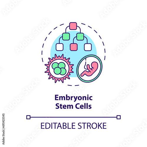 2D editable multicolor embryonic stem cells icon, simple isolated vector, thin line illustration representing cell therapy.