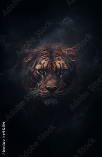 Fantasy mysterious tiger - tiger deity - tiger god - dark background - misty  foggy  smokey - Mysterious portrait of a tiger - Cinematic movie poster style