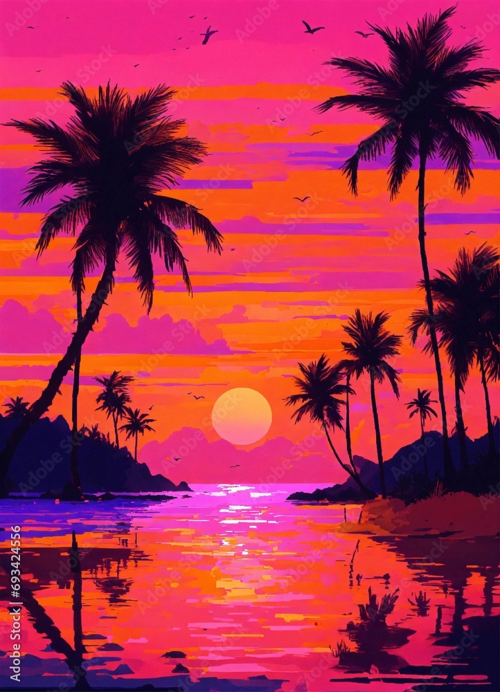 The pixelated beach scene with a vibrant orange and pink sunset, silhouetted palm trees swaying in the breeze is a beautiful and serene sight.