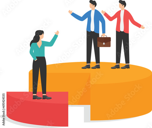 Businessmen climb up the ladder up the pie chart with no space left for women. Gender gap,salary gap, male domination in company executive board, unequal or unfair, inequality in management position.
