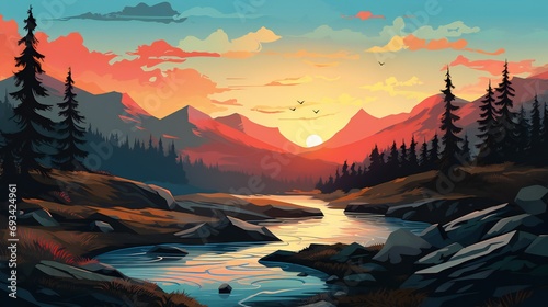 Landscape illustration. Majestic high mountains and small lake.