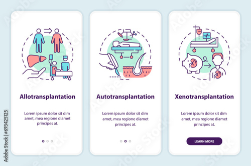 2D icons representing cell therapy strategies mobile app screen set. Walkthrough 3 steps colorful graphic instructions with thin line icons concept, UI, UX, GUI template. photo