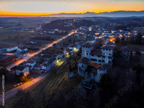 Cassacco Castle. Friuli hills at sunset.