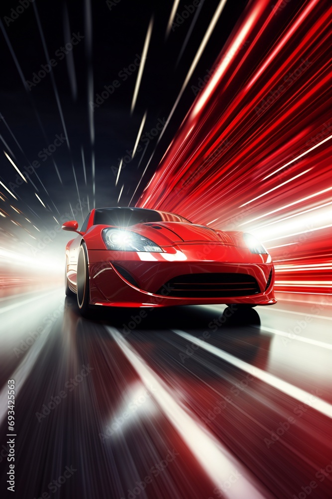 Futuristic red color sport automobile. Dynamic photograph capturing car light streaks.