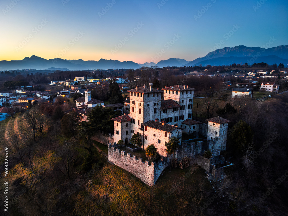 Cassacco Castle. Friuli hills at sunset.