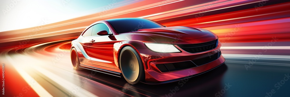 Red futuristic racing sports car on neon background. Dynamic photograph capturing car light streaks. - obrazy, fototapety, plakaty 