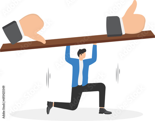 Demerit and merit evaluation, advantage and disadvantage in comparison, performance assessment, manager evaluation, judgment concept, businessman balance on seesaw with thumb up and thumb down.

 photo