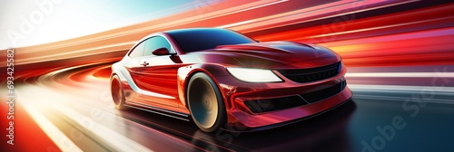 Red futuristic racing sports car on neon background. Dynamic photograph capturing car light streaks.