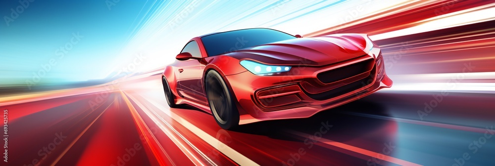 Futuristic Sports Car On Neon Highway. Red futuristic racing sports car on neon background.