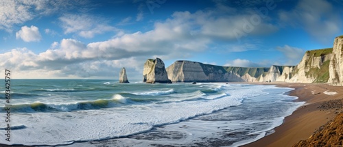 scenic panorama of etretat's alabaster coast in normandy, france - serene sea, coastal landscape, and beach view