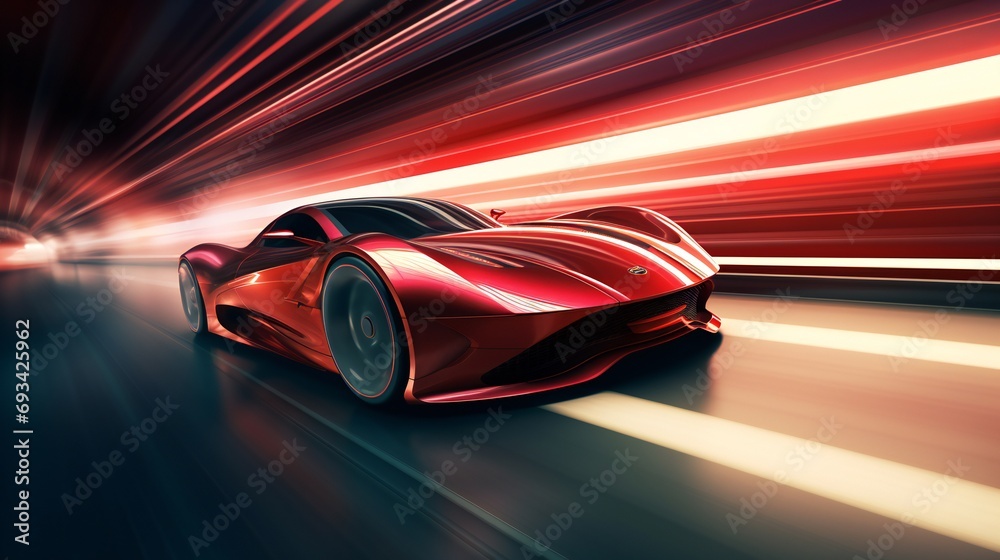 Dynamic photograph capturing car light streaks. Futuristic red color sport automobile.