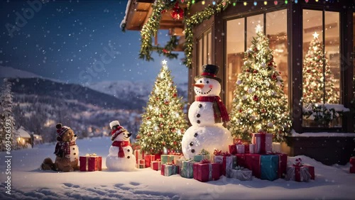 christmas decoration with christmas tree and snowmen with snowfall, loop video background