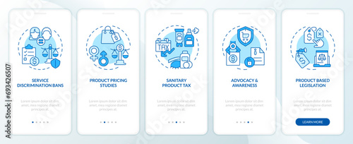 2D icons representing combating pink tax mobile app screen set. Walkthrough 5 steps blue graphic instructions with linear icons concept, UI, UX, GUI template.