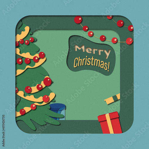 Merry Christmas card with Christmas tree paper cutout