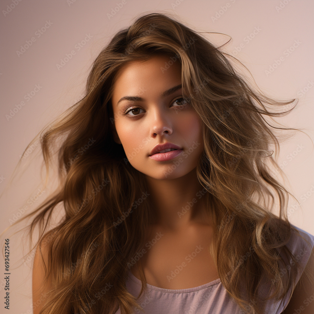 Naklejka premium Photo of a woman with long brown well-groomed hair on a light monochrome beige-pink background