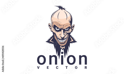 Vector graphic scary unusual logo. Portrait of a terrible smiling toothy freak. Inscription, onion. A look from under your brows. White isolated background.