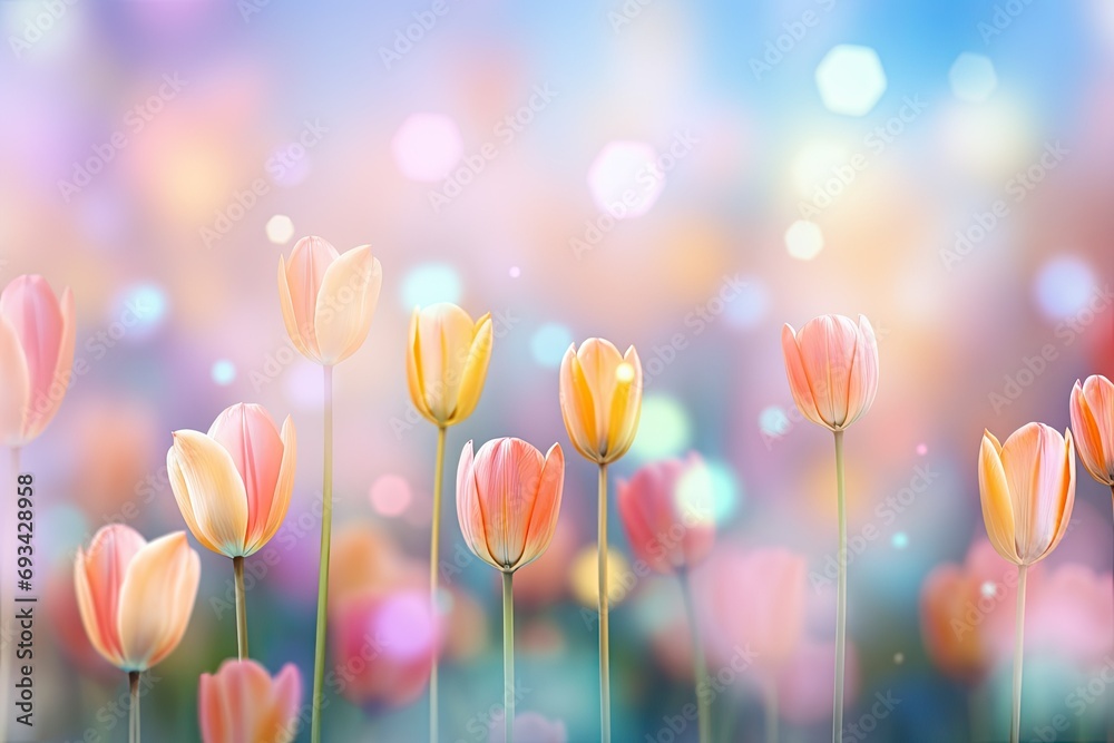 Bokeh background, blurred, made of multi-colored tulips with soft blurred light.