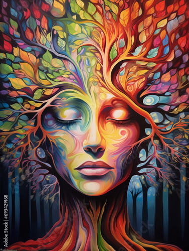 A tree with a beautiful womans face on it, whimisical, colorful, bright lighting photo