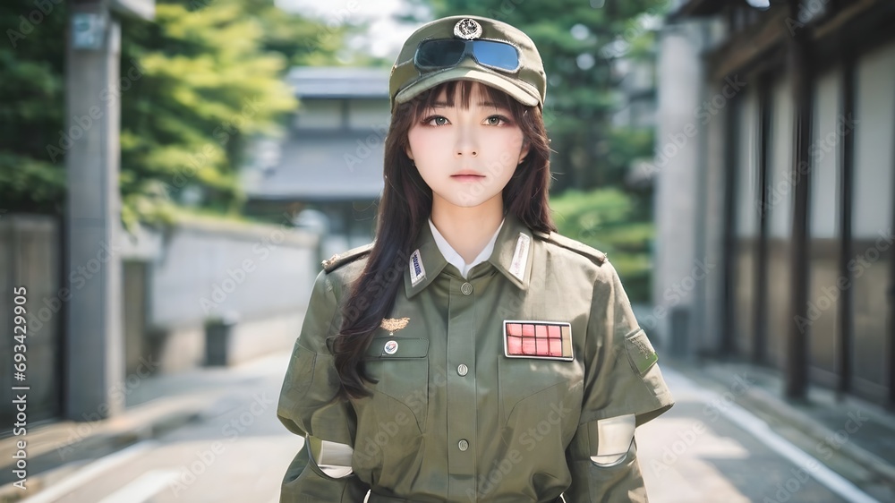Cute Asian Girl In Military Suit Background Cute Asian Girl In Military Suit Background
