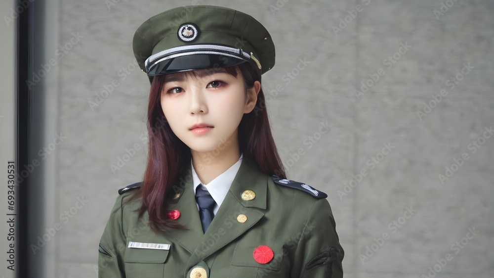 Cute Asian Girl In Military Suit Background Cute Asian Girl In Military Suit Background