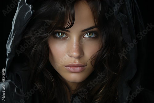 Tablou canvas Portrait of a beautiful young brunette woman with green eyes