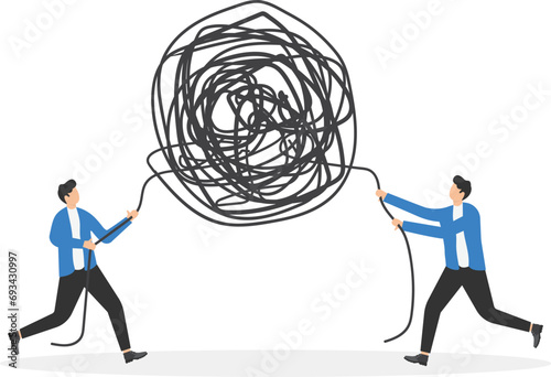 Business people pulling at tangled rope in opposite directions.thinking process or creativity to solve problems,Concept vector illustration.

