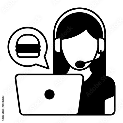 Hotel hotline Concept, Call Center for Food Ordering vector outline design, Retail Food delivery service symbol, contact-less Meal Courier Sign, Grocery pickup stock illustration Girl Wearing Headset
