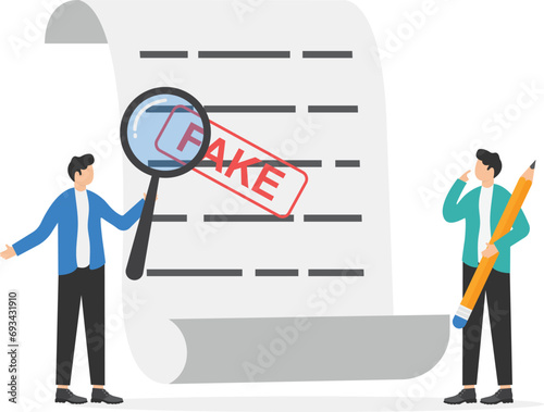 Smart entrepreneur inspectors verify fake documents. Fake documents, wrong information verification or fake news inspection, fraud and illegal reports.

