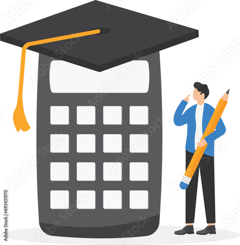 Graduate student standing with mortar board hat calculator. Student loan calculation, education budget allocation, university expense and debt pay off or scholarship payment.

