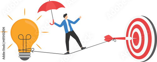 Businessman in suit walking on rope with suitcase to target. Business man walking on tightrope gap. financial crisis. Risk management challenge. illustration in flat style

