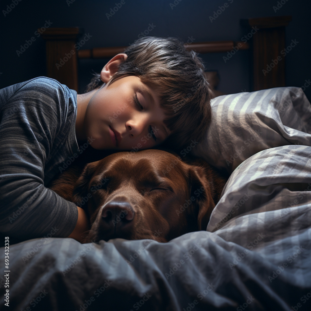 Boy sleeping with his dog in bed. Boy sleeping with his dog in bed.