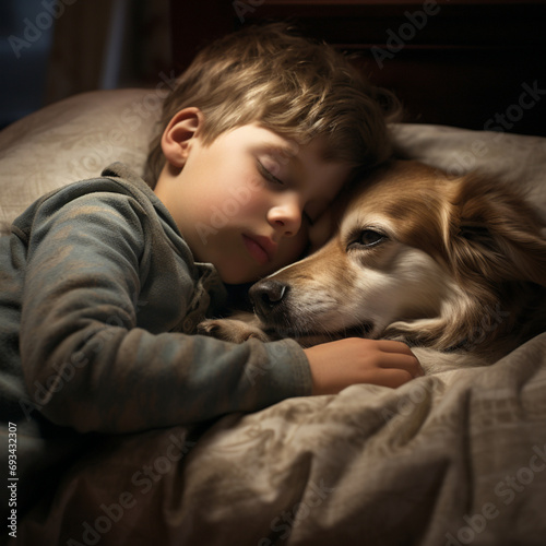 Boy sleeping with his dog in bed.