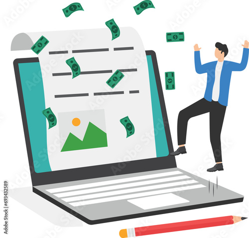 A Successful blogger or writer catching money banknotes falls from the sky. Make money from online, monetize content, get income or earning from affiliate links.

