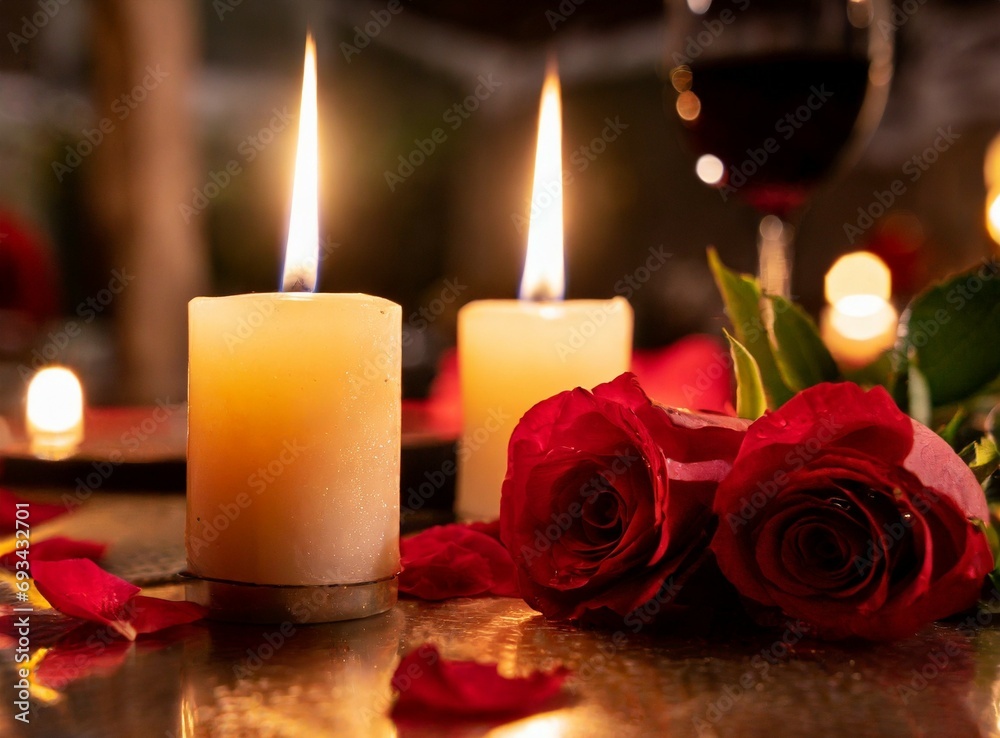 Candles and roses closeup photography. Valentine's Day, or anniversary date celebration concept. Romantic scene. Candles and roses closeup photography. Valentine's Day, or anniversary date celebration concept. Romantic scene.