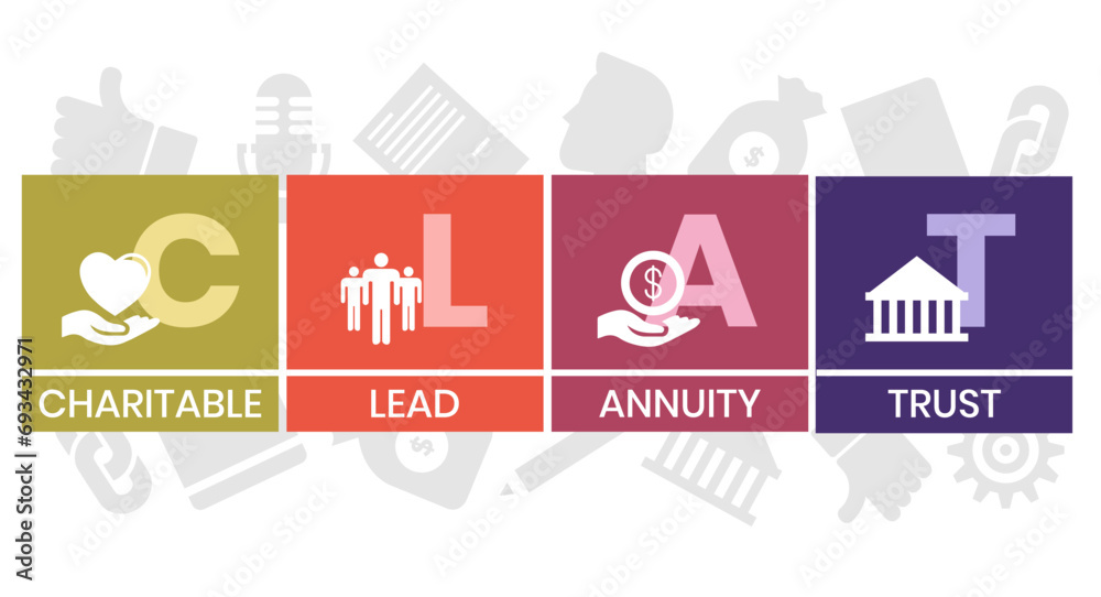 Naklejka premium CLAT, Charitable Lead Annuity Trust acronym. Concept with keywords and icons. Flat vector illustration. Isolated on white background.