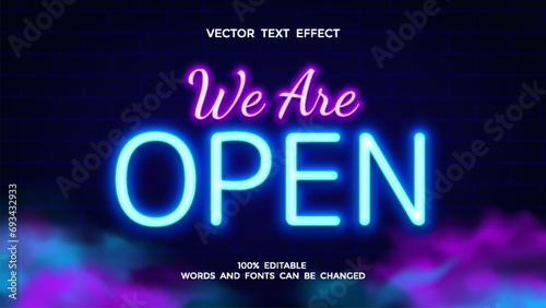 we are open editable text effect with blue and purple color photo